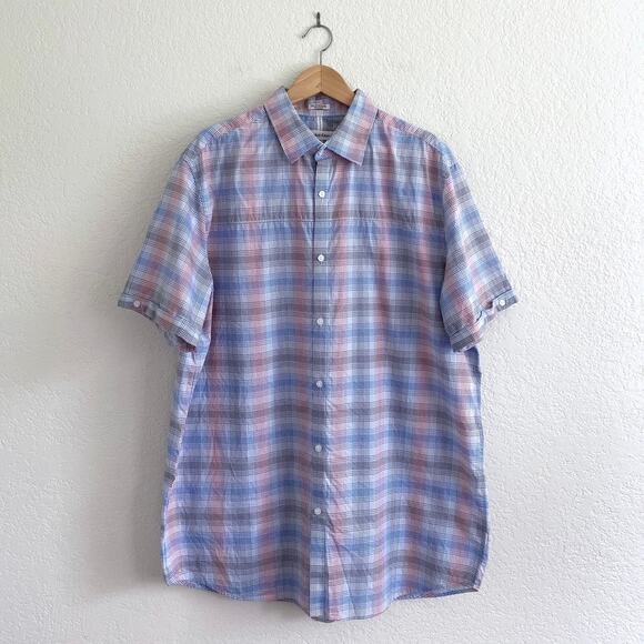 Calvin Klein Mens Short Sleeve Button-Up Shirt Plaid Blue Red Black White Cotton - Picture 2 of 8